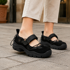 Women’s Cross-Lace Lug-Sole Mary Jane Shoes in Black