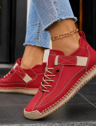 Women’s Strap-Fastening Elastic-Lace Casual Trainers in Red