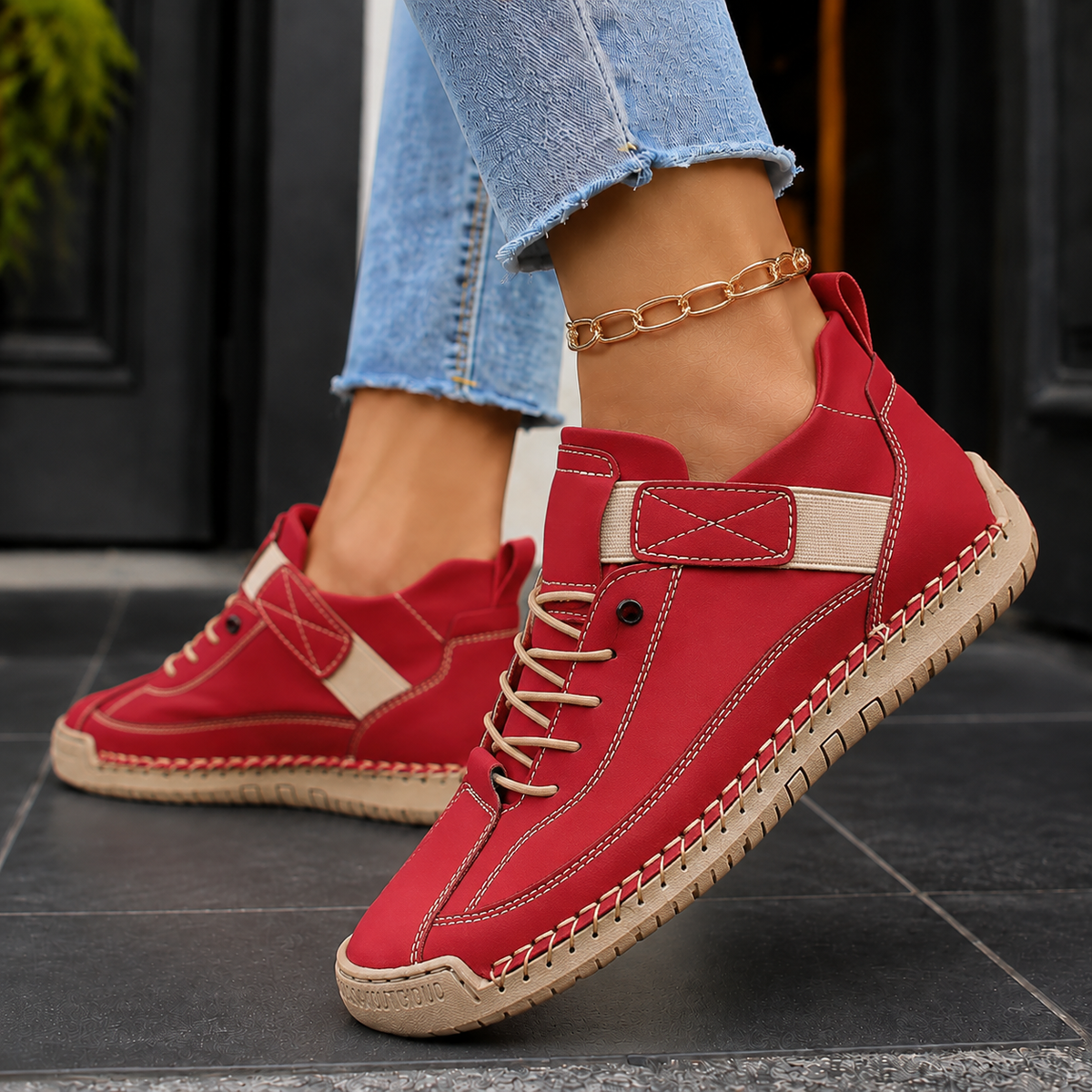 Women’s Strap-Fastening Elastic-Lace Casual Trainers in Red
