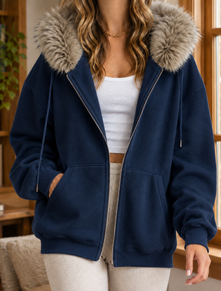 Ardith Plush Trim Women's Hoodie - Navy