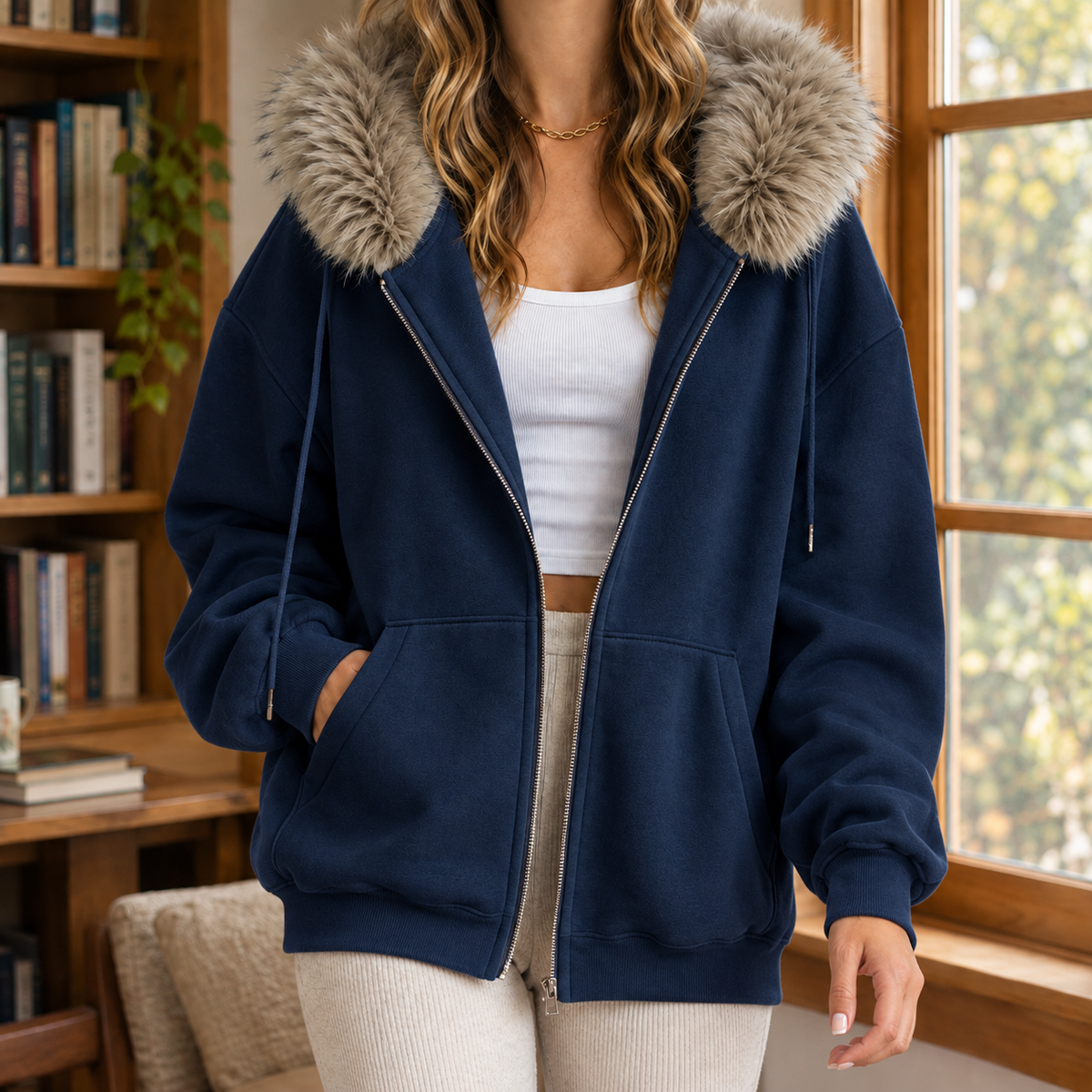 Ardith Plush Trim Women's Hoodie - Navy