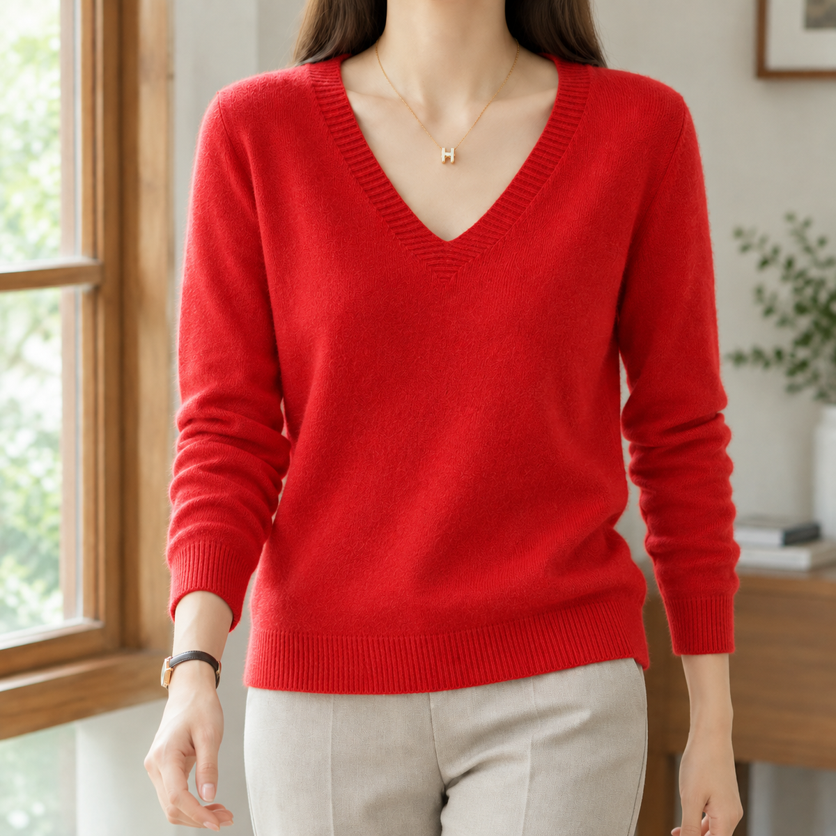 Evadne V Neck Women's Sweater - Red