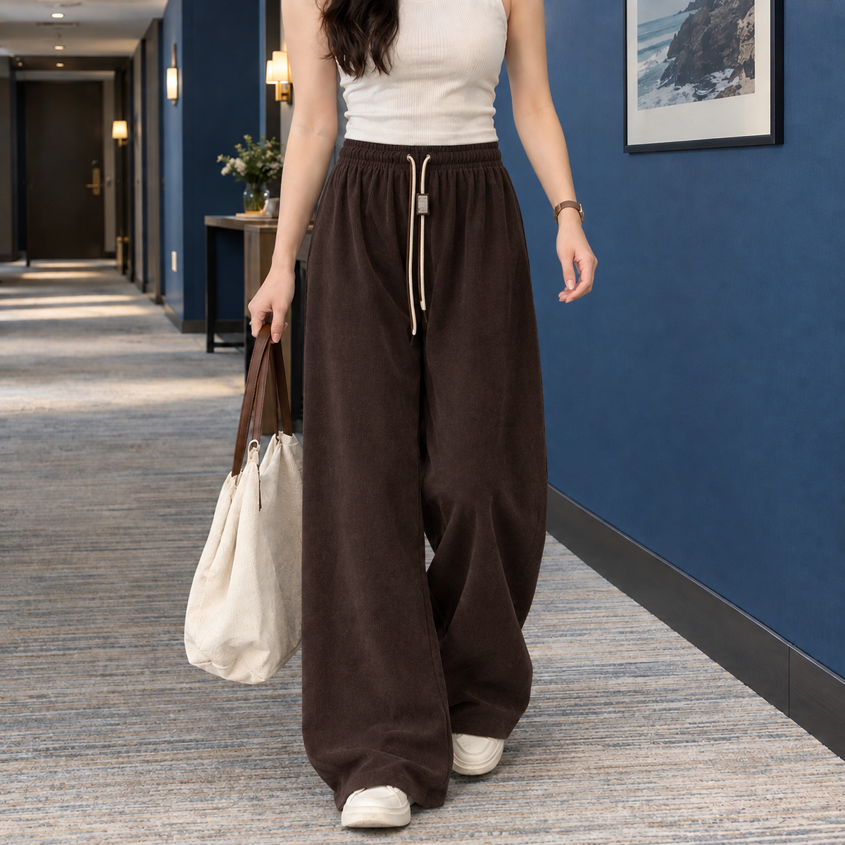 Women’s Fine-Rib Drawstring Full-Length Wide-Leg Trousers in Brown