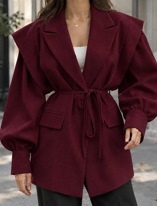 Women’s Belted Sculpted-Shoulder Woven Jacket in Wine Red