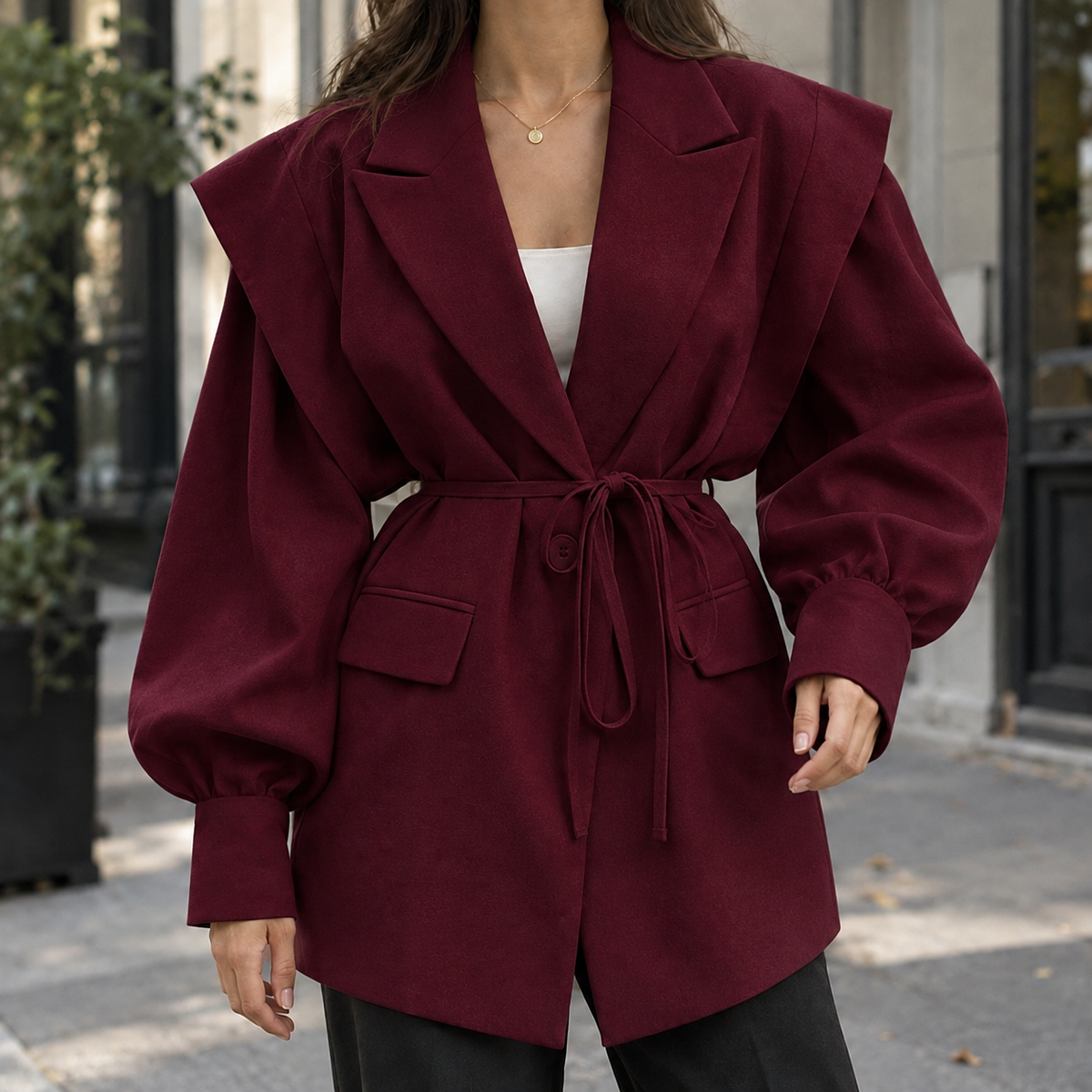 Women’s Belted Sculpted-Shoulder Woven Jacket in Wine Red