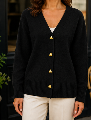 Women’s Heart-Button V-Neck Cardigan in Black
