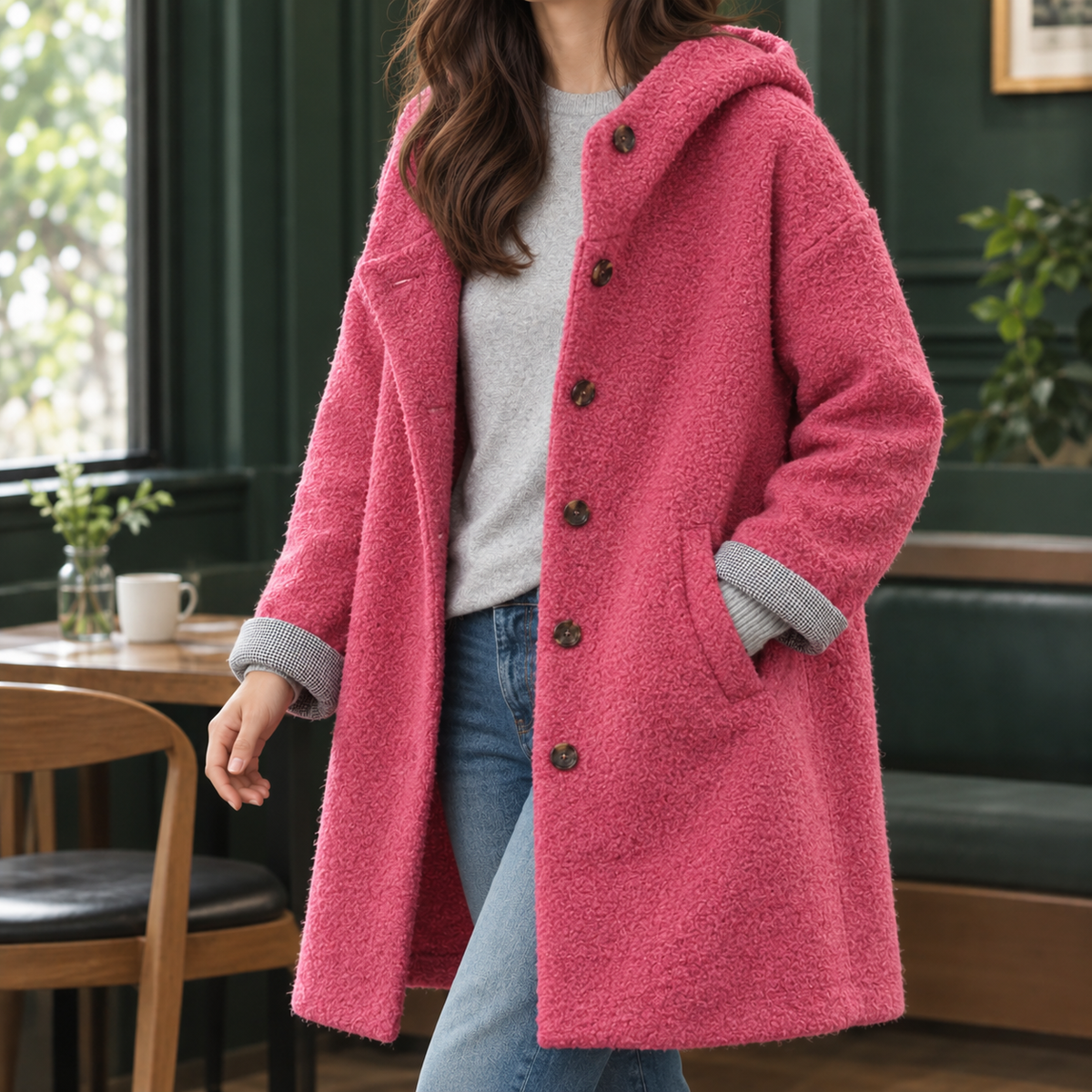 Antonia-Sage Hooded Women's Coat - Rose Red