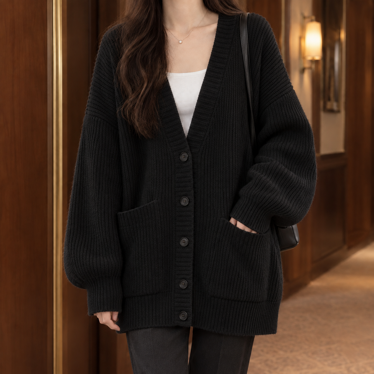 Ines-Faye Ribbed Women's Cardigan - Black