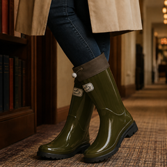 Women’s Drawstring-Cuff Knee-High Rubber Boots in Olive Green
