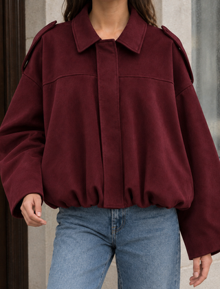 Women’s Collared Suede Bubble-Hem Bomber Jacket in Burgundy