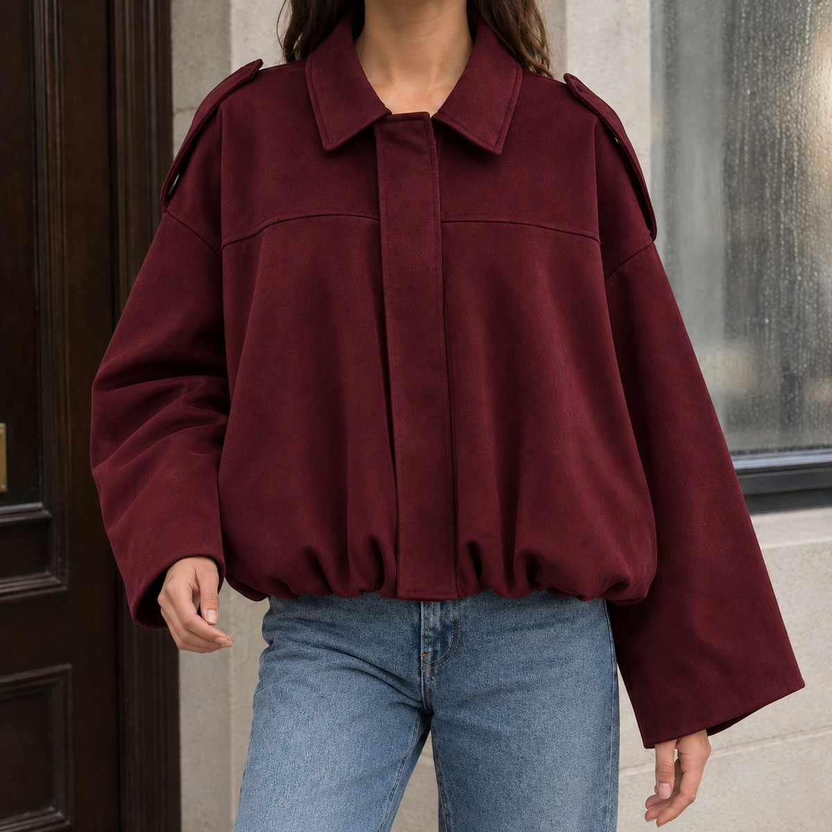 Women’s Collared Suede Bubble-Hem Bomber Jacket in Burgundy