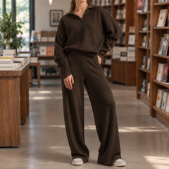 Women’s Long-Sleeve Polo-Collar Top and Wide-Leg Trouser Set in Brown
