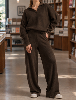 Women’s Long-Sleeve Polo-Collar Top and Wide-Leg Trouser Set in Brown