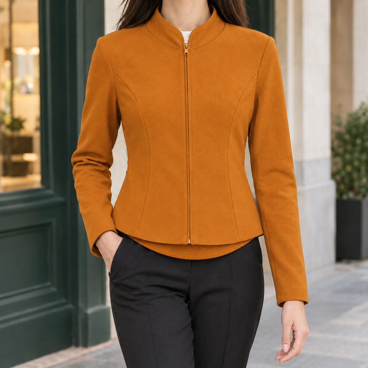 Women’s Stand-Collar Concealed-Zip Fitted Jacket in Orange