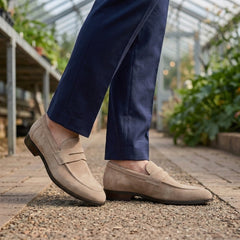 Men’s Suede-Effect Apron-Seam Penny Loafers in Beige