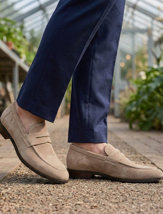 Men’s Suede-Effect Apron-Seam Penny Loafers in Beige
