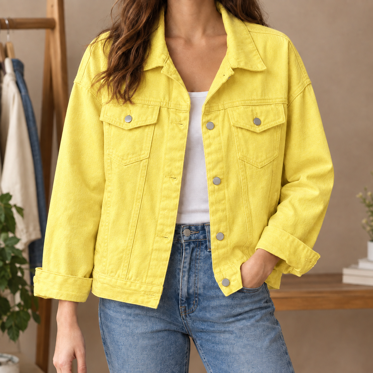 Women’s Cotton-Blend Four-Pocket Denim Jacket in Yellow
