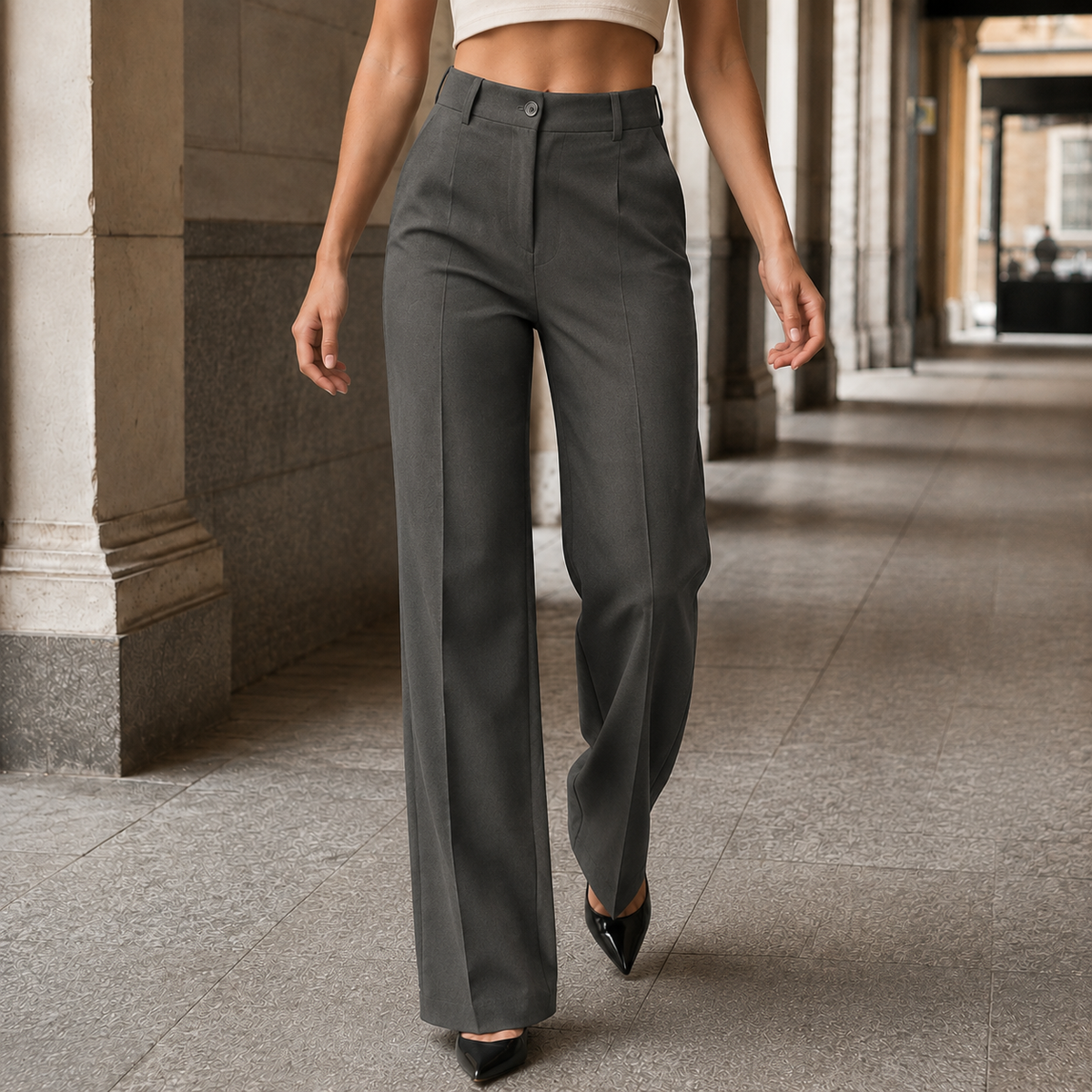 Women’s High-Waisted Full-Length Tailored Wide-Leg Trousers in Dark Grey