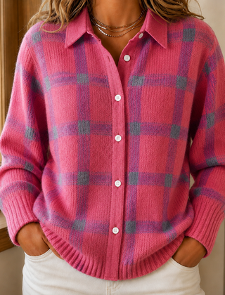 Women’s Windowpane Check Collared Cardigan in Pink