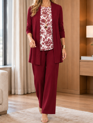 Women’s Three-Piece Longline Cardigan and Trouser Set in Burgundy and Floral Cream