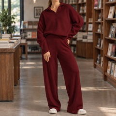 Women’s Long-Sleeve Polo-Collar Top and Wide-Leg Trouser Set in Wine Red