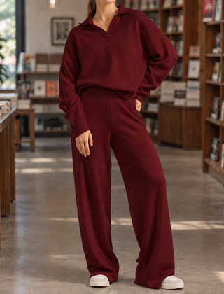 Women’s Long-Sleeve Polo-Collar Top and Wide-Leg Trouser Set in Wine Red
