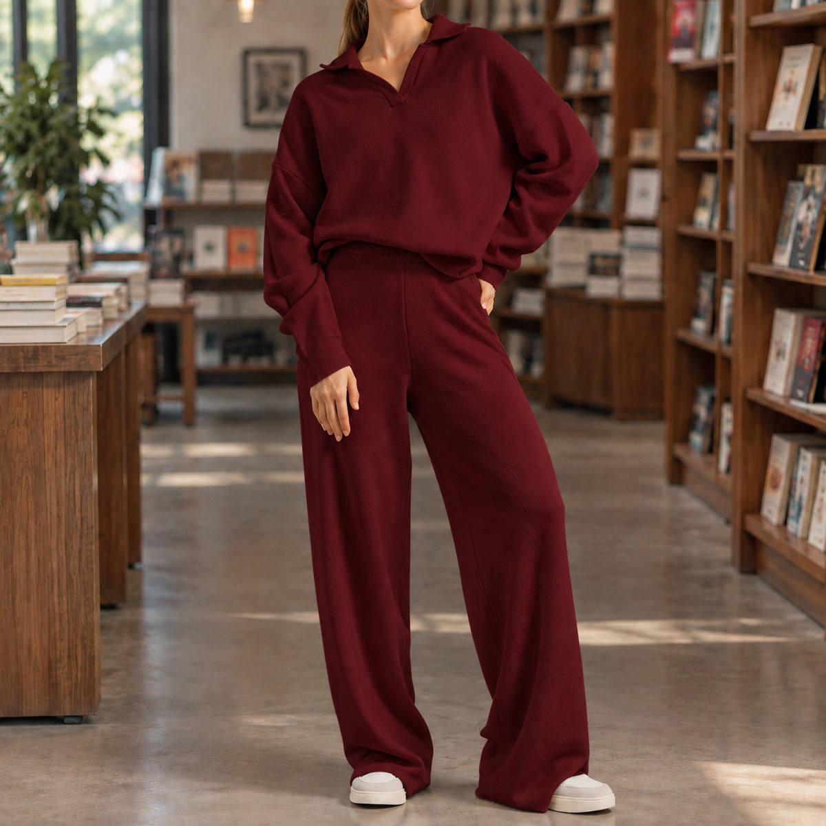 Women’s Long-Sleeve Polo-Collar Top and Wide-Leg Trouser Set in Wine Red