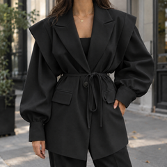 Women’s Belted Sculpted-Shoulder Woven Jacket in Black