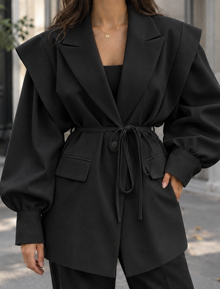 Women’s Belted Sculpted-Shoulder Woven Jacket in Black