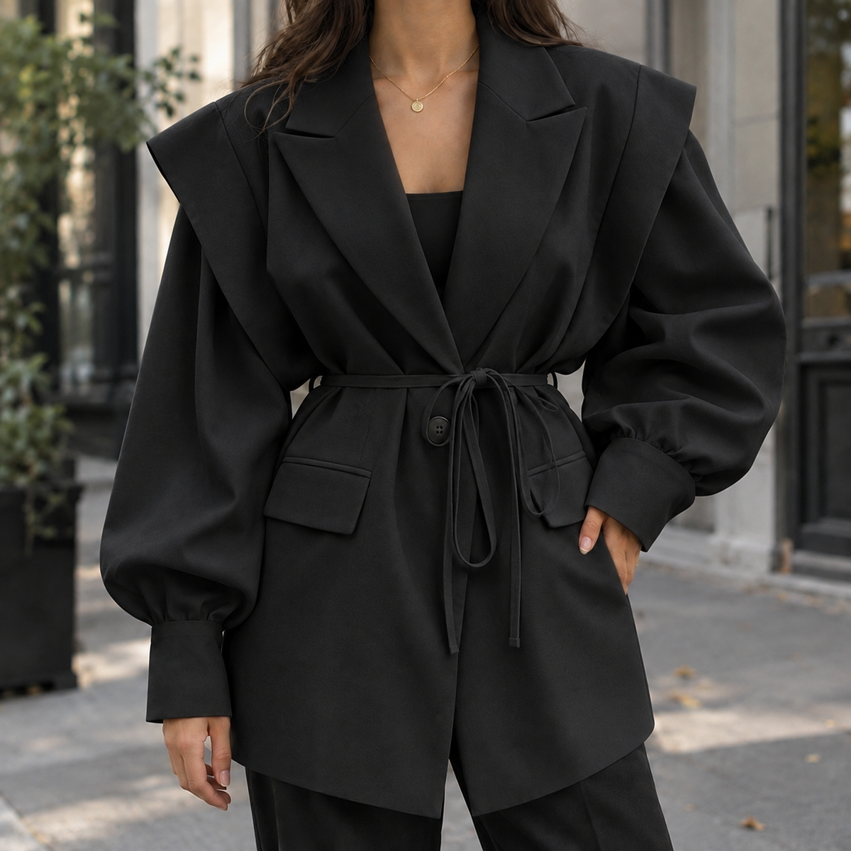 Women’s Belted Sculpted-Shoulder Woven Jacket in Black