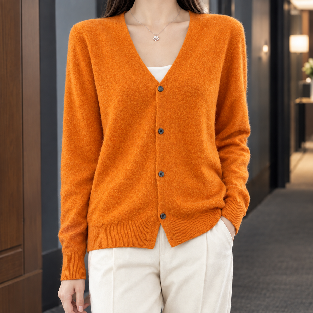 Zelie-Faye V-Neck Women's Cardigan - Orange