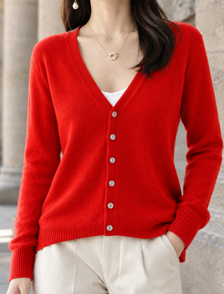 Women’s Five-Button V-Neck Knit Cardigan in Bright Red