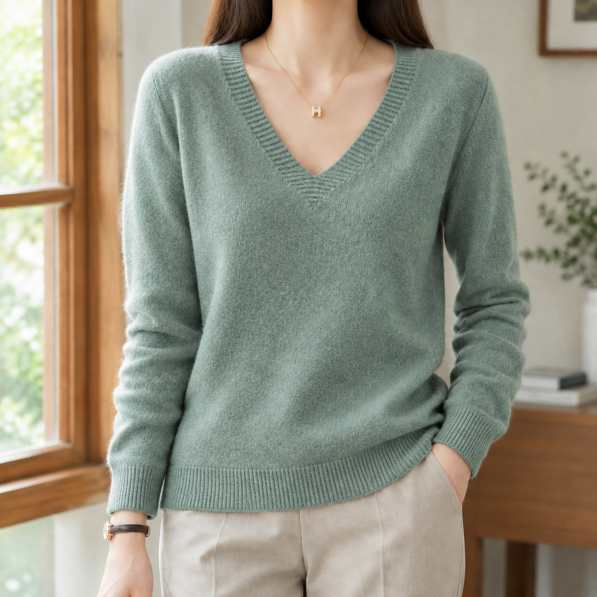 Evadne V Neck Women's Sweater - Grass Green