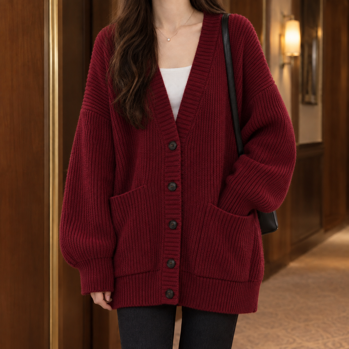 Ines-Faye Ribbed Women's Cardigan - Burgundy