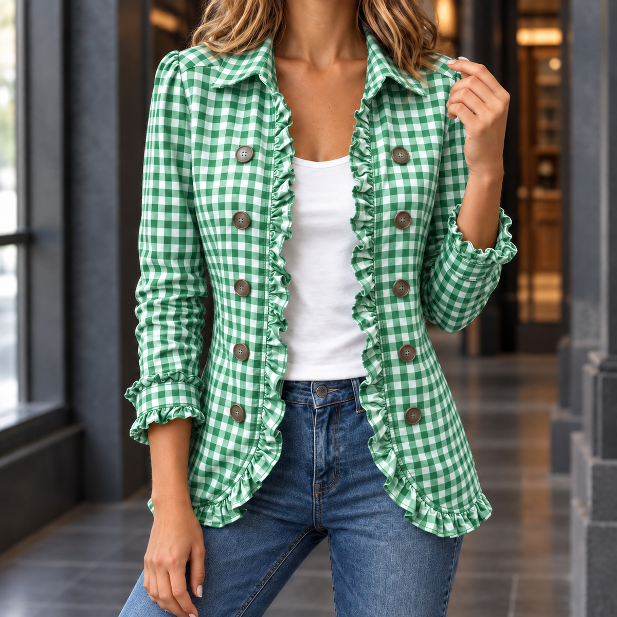 Women’s Gingham Ruffle-Trim Shaped Jacket in Green