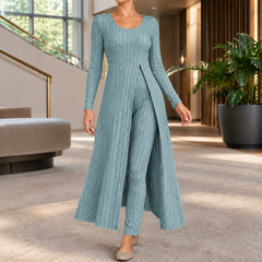 Women’s Ribbed Longline Split Top and Straight-Leg Trouser Set in Teal