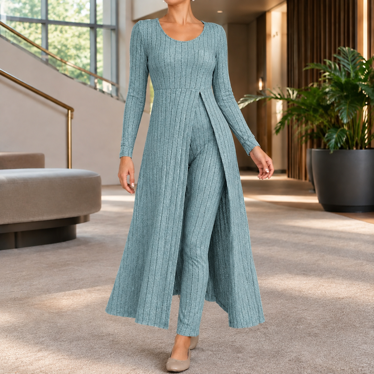 Women’s Ribbed Longline Split Top and Straight-Leg Trouser Set in Teal