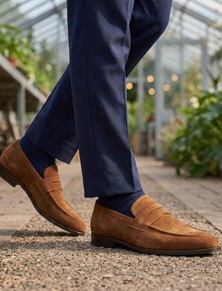Men’s Suede-Effect Apron-Seam Penny Loafers in Tan