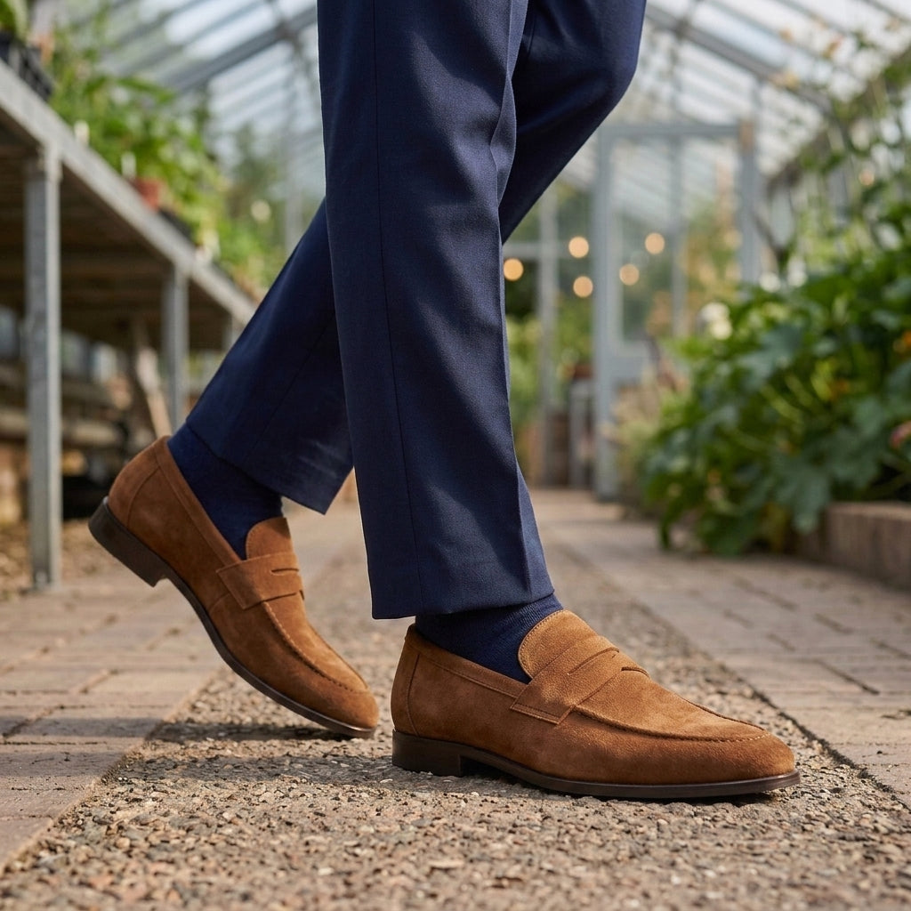 Men’s Suede-Effect Apron-Seam Penny Loafers in Tan