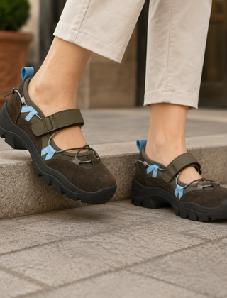 Women’s Cross-Lace Lug-Sole Mary Jane Shoes in Brown