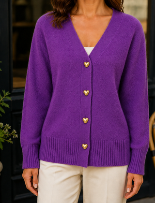 Women’s Heart-Button V-Neck Cardigan in Purple
