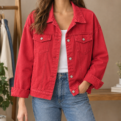 Women’s Cotton-Blend Four-Pocket Denim Jacket in Red
