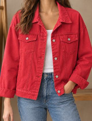 Women’s Cotton-Blend Four-Pocket Denim Jacket in Red