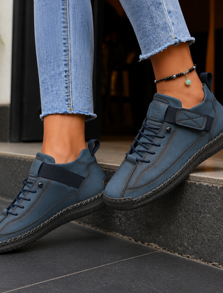 Women’s Strap-Fastening Elastic-Lace Casual Trainers in Dark Blue