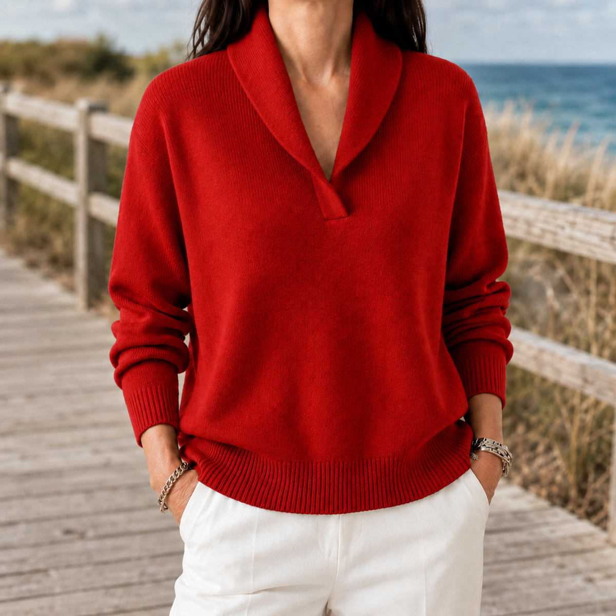 Women’s Fine-Knit Shawl-Collar Jumper in Red