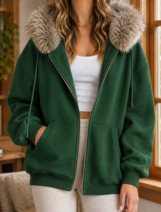Ardith Plush Trim Women's Hoodie - Dark Green