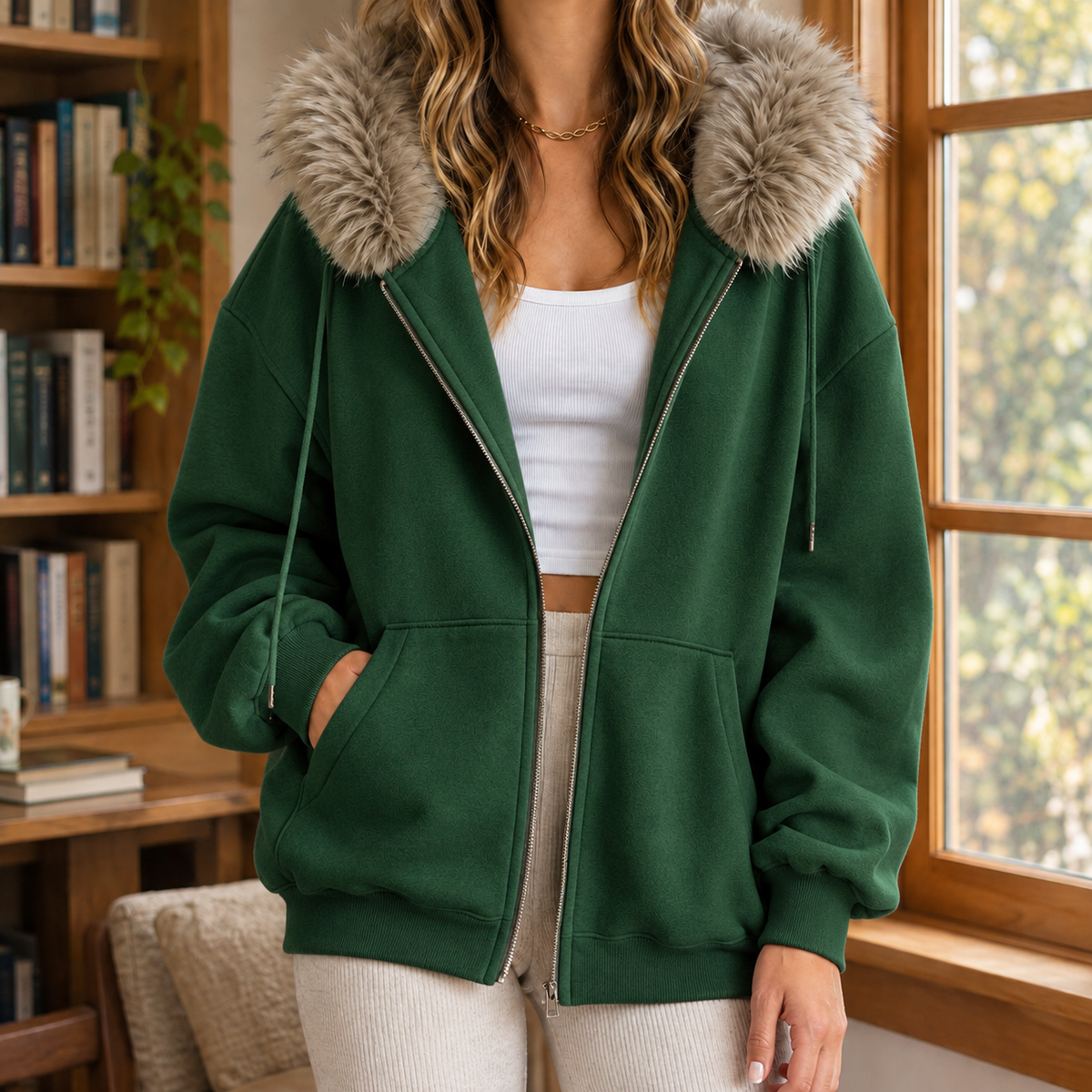 Ardith Plush Trim Women's Hoodie - Dark Green