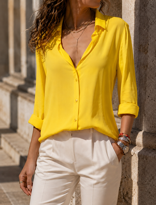 Women’s Fluid Curved-Hem Long-Sleeve Button Blouse in Yellow