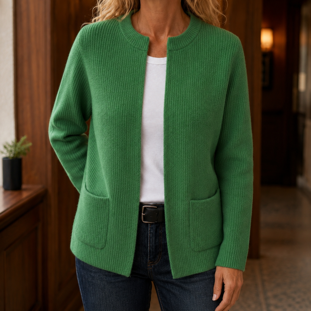 Women’s Ribbed Pocket Detail Cardigan in Green
