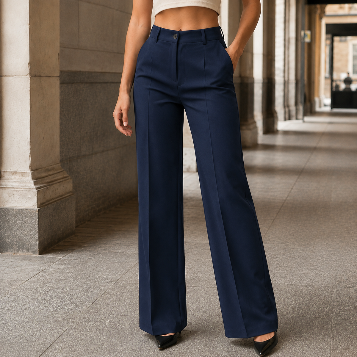 Women’s High-Waisted Full-Length Tailored Wide-Leg Trousers in Navy Blue